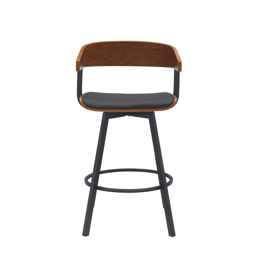 27" Black Faux Leather And Fabric And Metal Low Back Counter Height Swivel Bar Chair