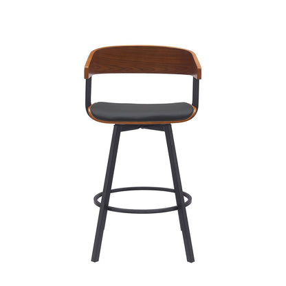 27" Black Faux Leather And Fabric And Metal Low Back Counter Height Swivel Bar Chair
