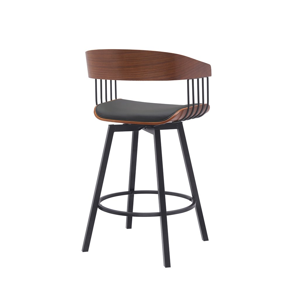 27" Black Faux Leather And Fabric And Metal Low Back Counter Height Swivel Bar Chair