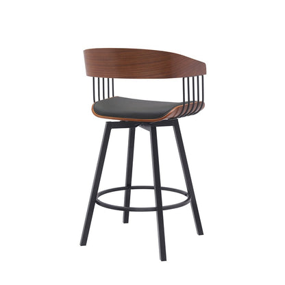 27" Black Faux Leather And Fabric And Metal Low Back Counter Height Swivel Bar Chair