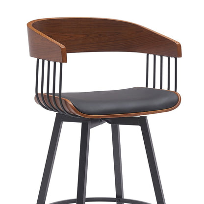 27" Black Faux Leather And Fabric And Metal Low Back Counter Height Swivel Bar Chair