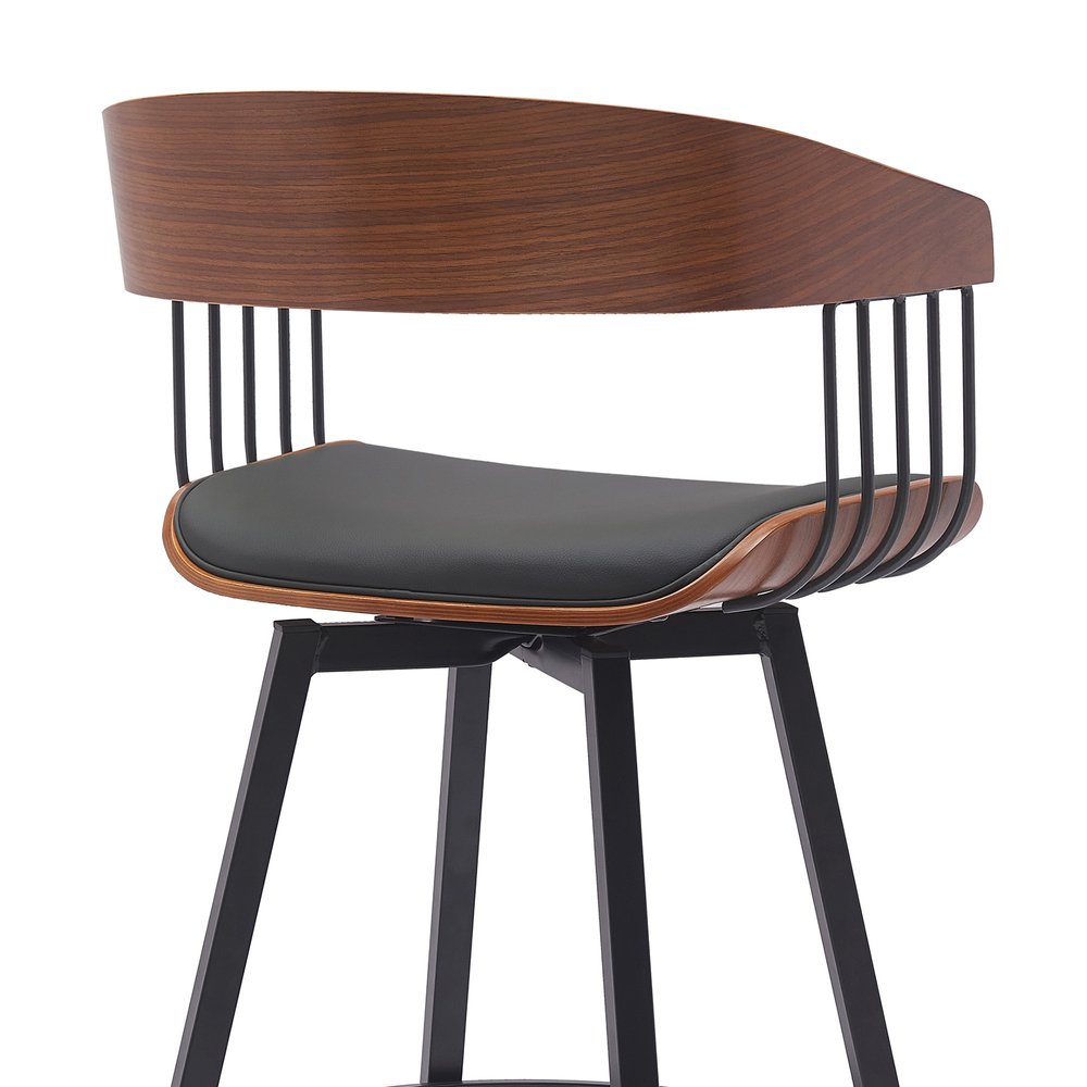 27" Black Faux Leather And Fabric And Metal Low Back Counter Height Swivel Bar Chair