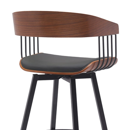 27" Black Faux Leather And Fabric And Metal Low Back Counter Height Swivel Bar Chair