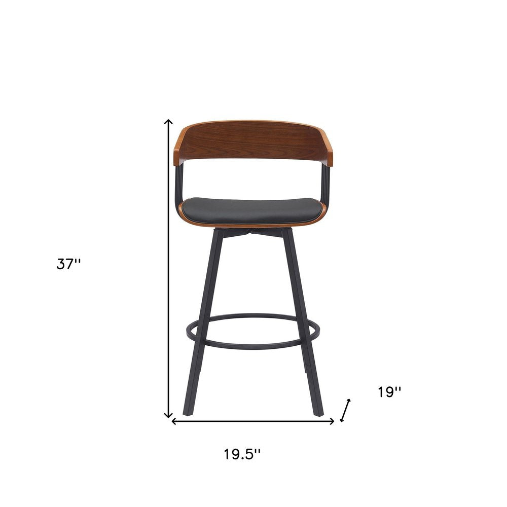 27" Black Faux Leather And Fabric And Metal Low Back Counter Height Swivel Bar Chair