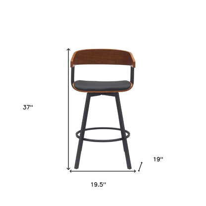27" Black Faux Leather And Fabric And Metal Low Back Counter Height Swivel Bar Chair