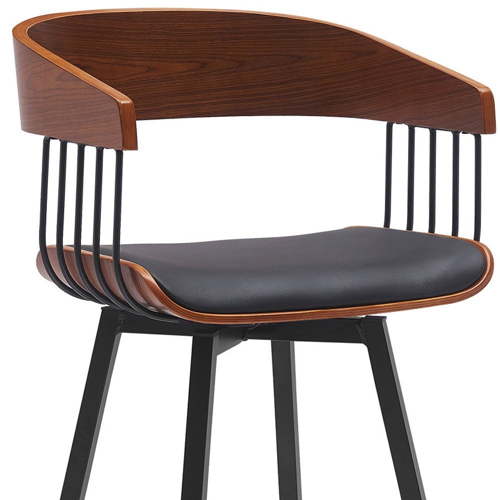 27" Black Faux Leather And Fabric And Metal Low Back Counter Height Swivel Bar Chair