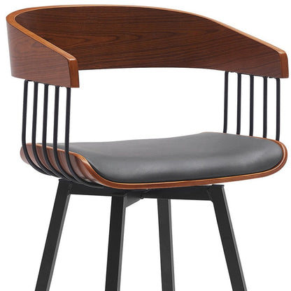 27" Gray And Black Faux Leather And Fabric And Metal Counter Height Swivel Bar Chair
