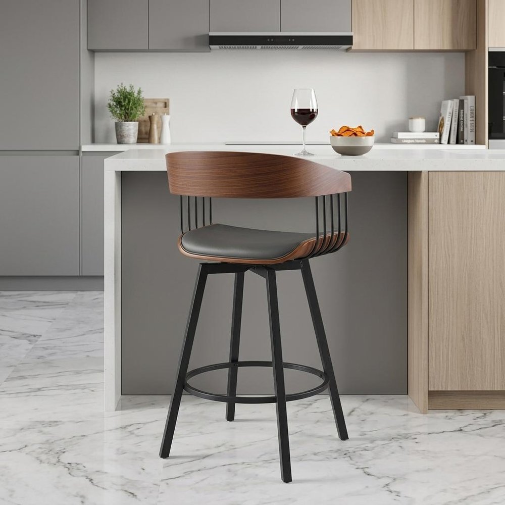 27" Gray And Black Faux Leather And Fabric And Metal Counter Height Swivel Bar Chair