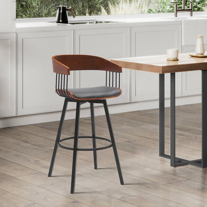 27" Gray And Black Faux Leather And Fabric And Metal Counter Height Swivel Bar Chair