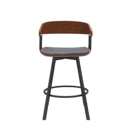 27" Gray And Black Faux Leather And Fabric And Metal Counter Height Swivel Bar Chair