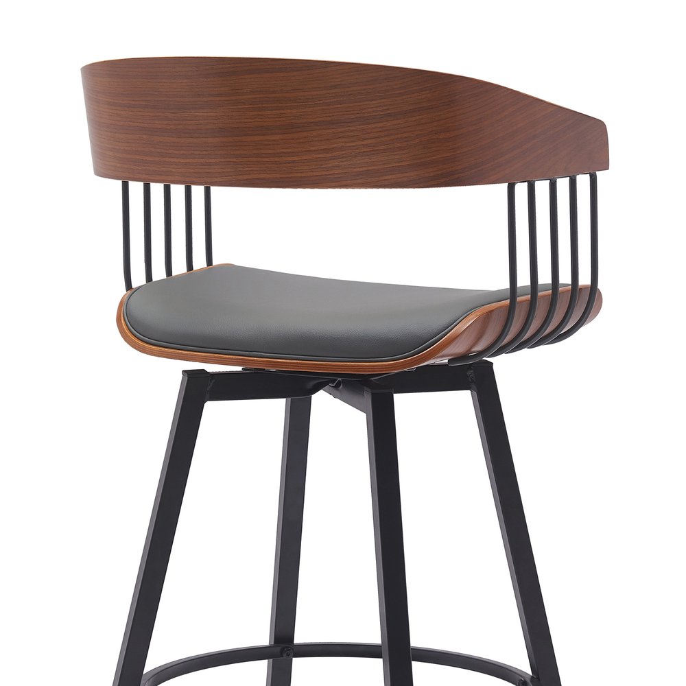 27" Gray And Black Faux Leather And Fabric And Metal Counter Height Swivel Bar Chair