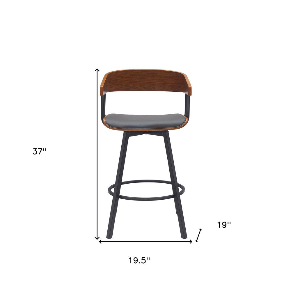 27" Gray And Black Faux Leather And Fabric And Metal Counter Height Swivel Bar Chair