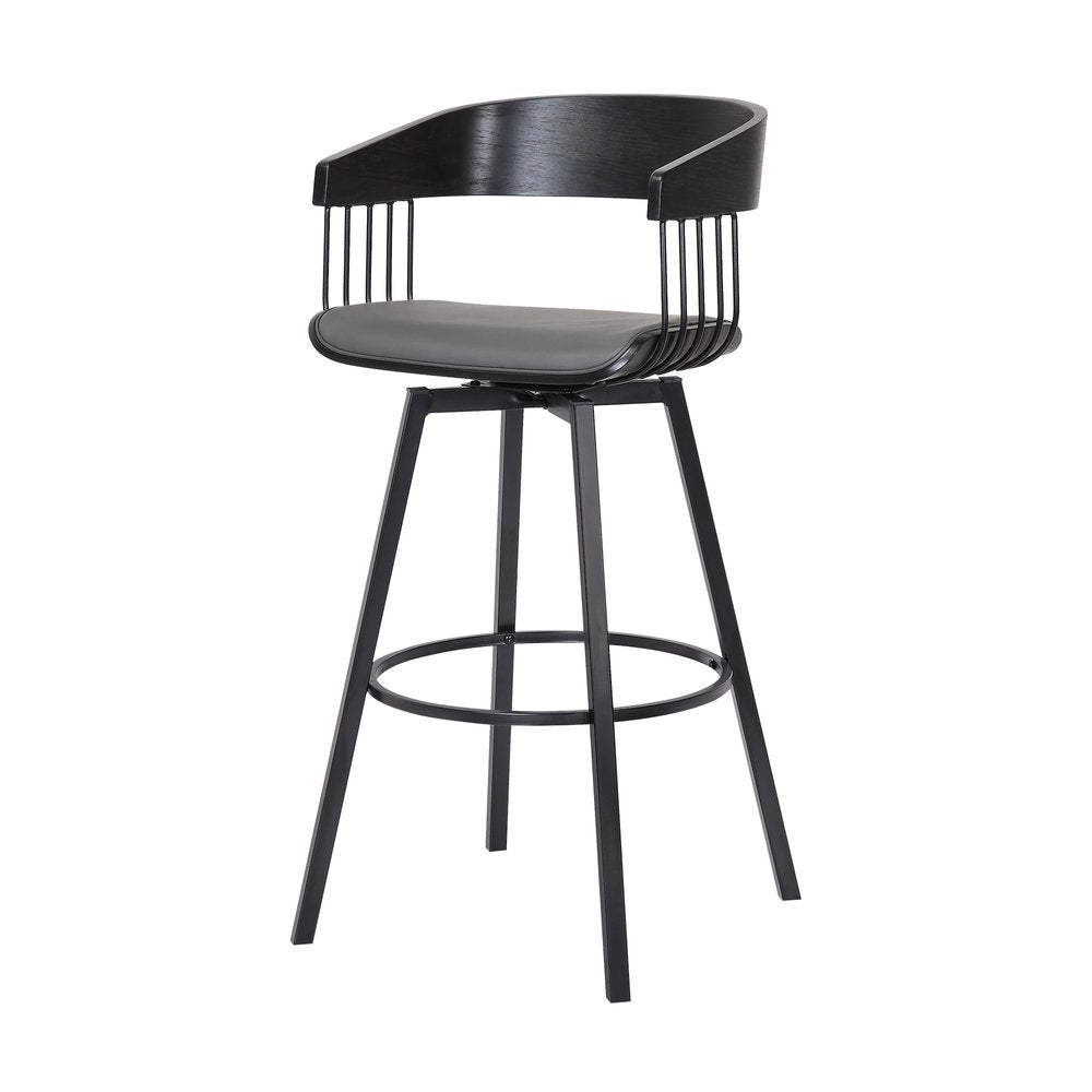 27" Gray And Black Faux Leather And Fabric And Metal Counter Height Swivel Bar Chair