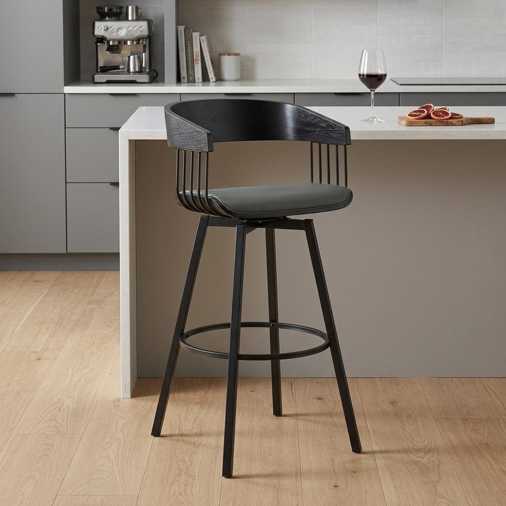 27" Gray And Black Faux Leather And Fabric And Metal Counter Height Swivel Bar Chair