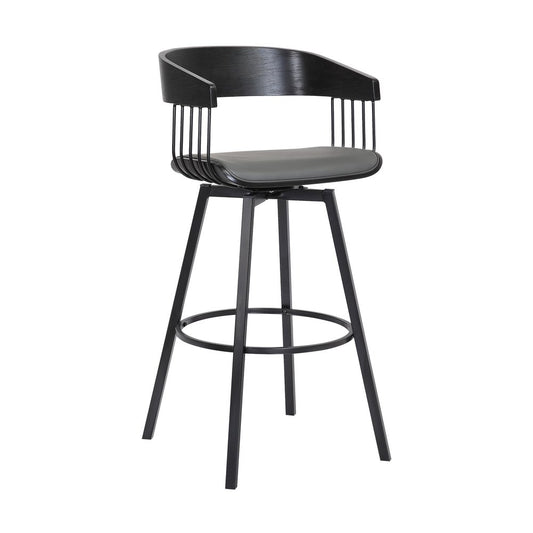 27" Gray And Black Faux Leather And Fabric And Metal Counter Height Swivel Bar Chair