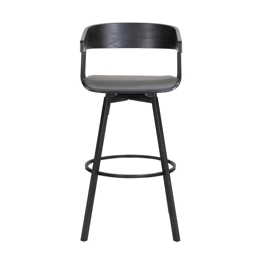 27" Gray And Black Faux Leather And Fabric And Metal Counter Height Swivel Bar Chair
