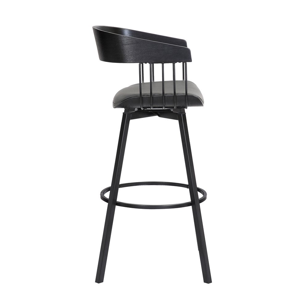 27" Gray And Black Faux Leather And Fabric And Metal Counter Height Swivel Bar Chair