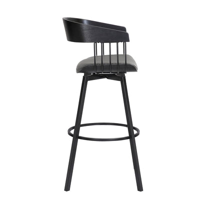 27" Gray And Black Faux Leather And Fabric And Metal Counter Height Swivel Bar Chair