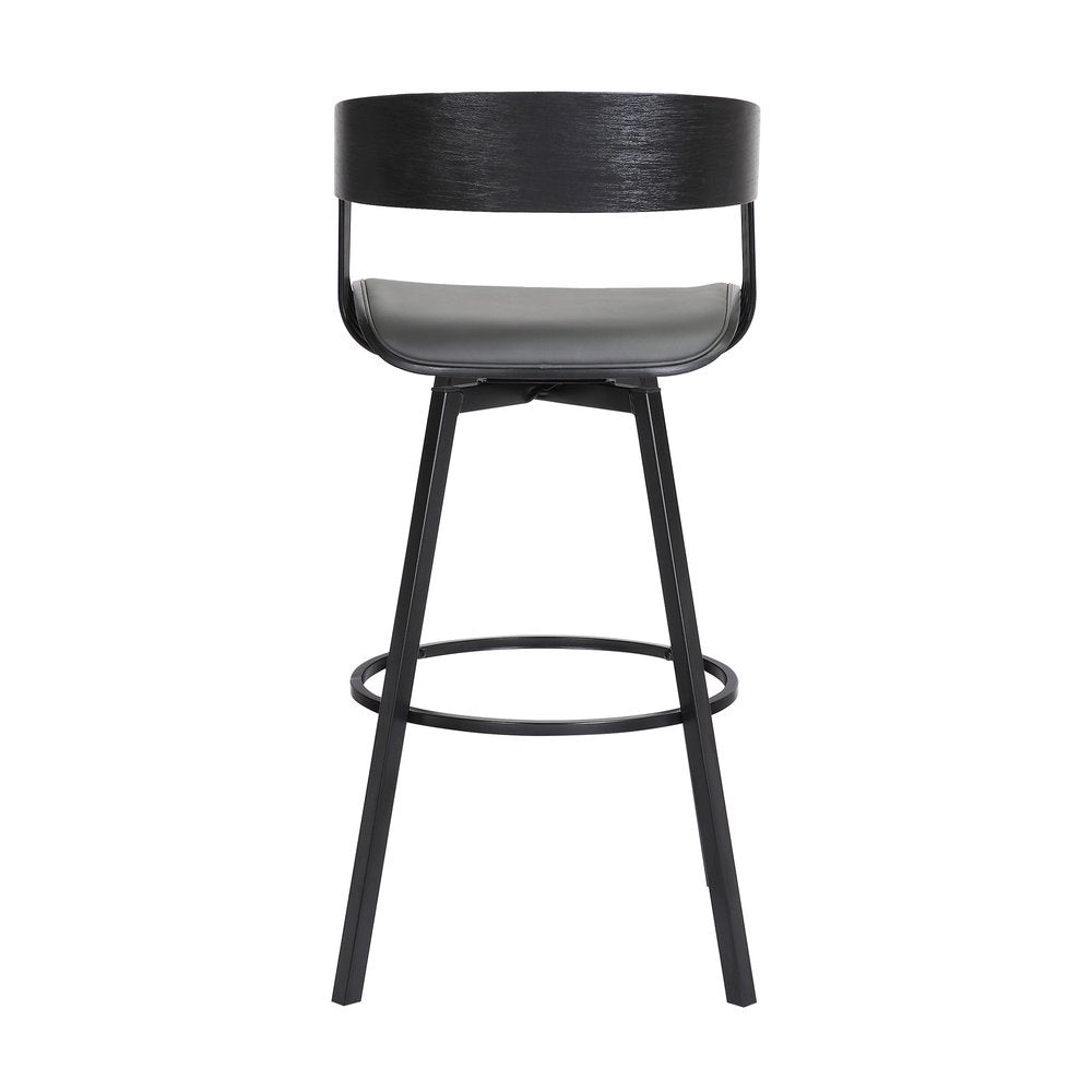 27" Gray And Black Faux Leather And Fabric And Metal Counter Height Swivel Bar Chair