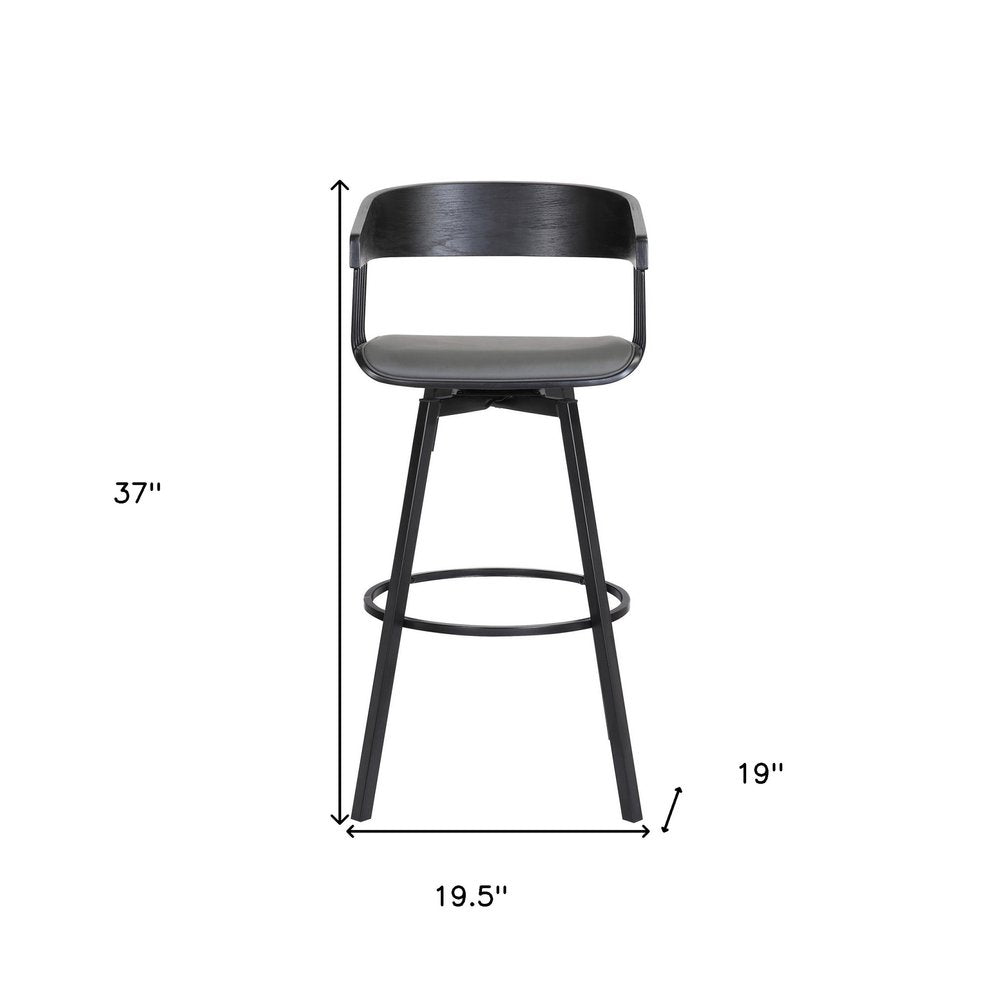 27" Gray And Black Faux Leather And Fabric And Metal Counter Height Swivel Bar Chair