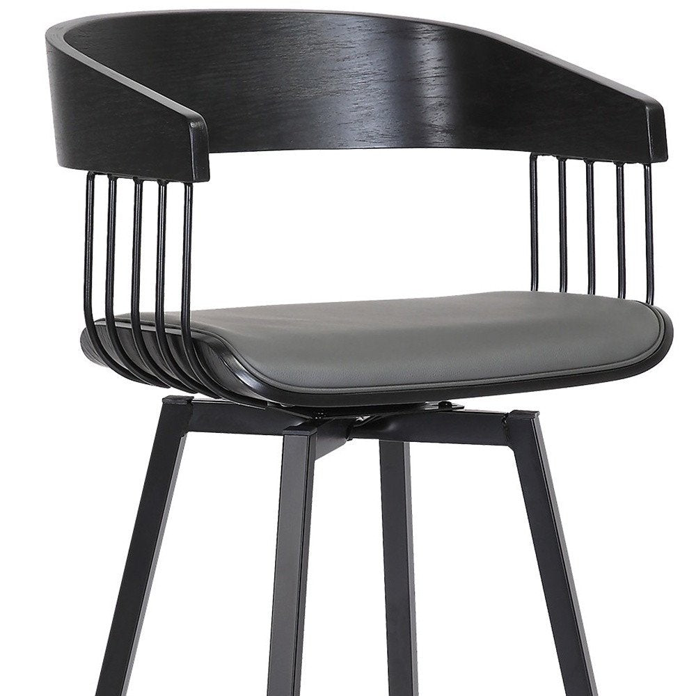 27" Gray And Black Faux Leather And Fabric And Metal Counter Height Swivel Bar Chair