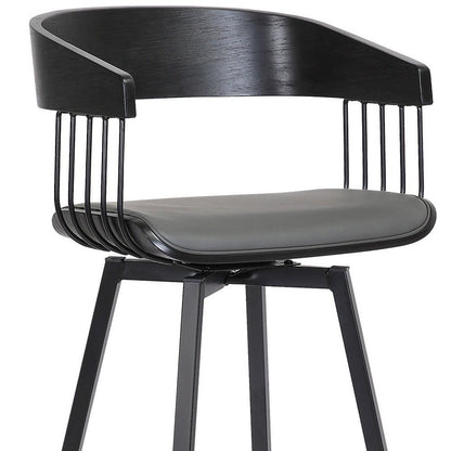 27" Gray And Black Faux Leather And Fabric And Metal Counter Height Swivel Bar Chair
