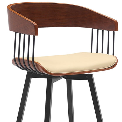 31" Cream And Black Faux Leather And Fabric And Metal Bar Height Swivel Bar Chair