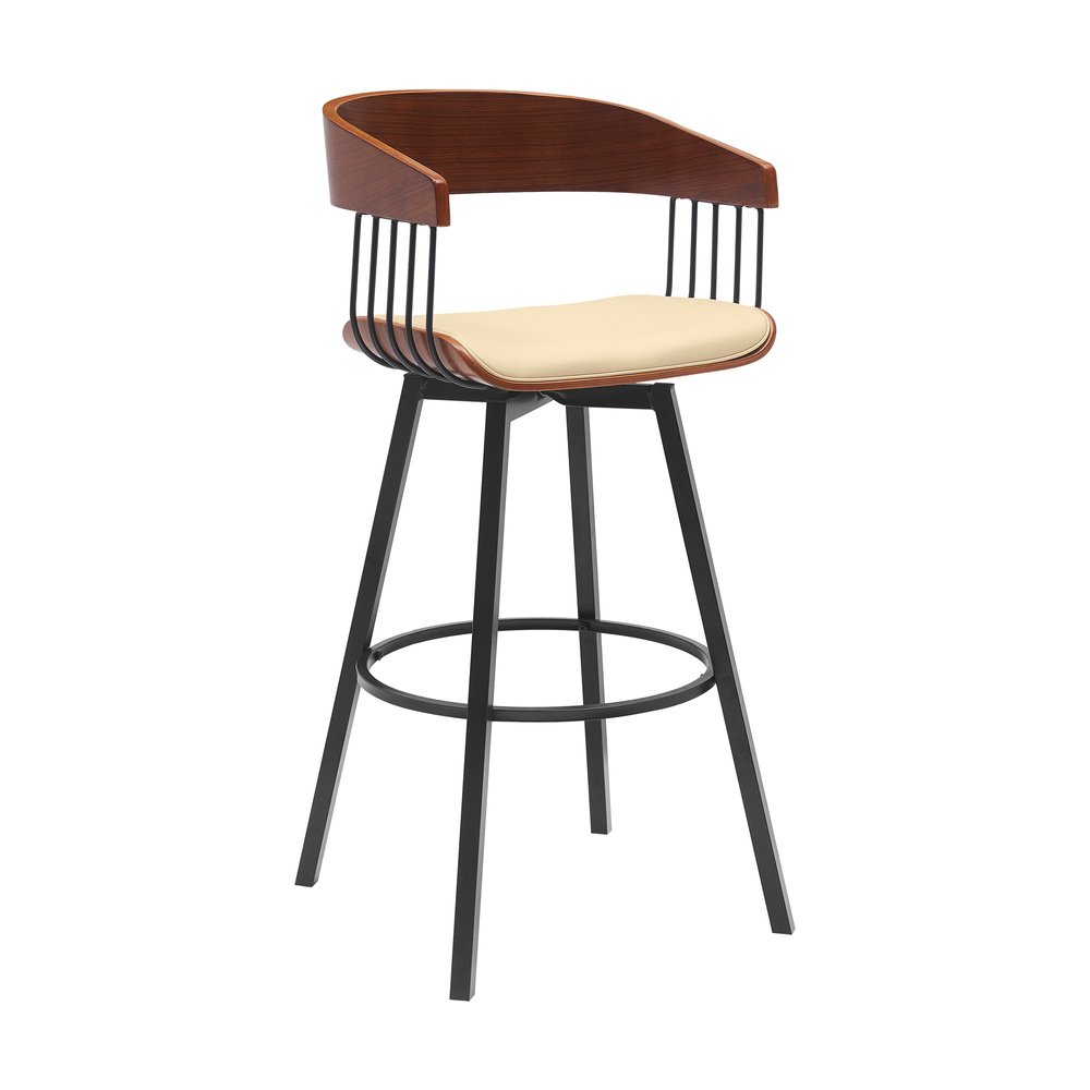31" Cream And Black Faux Leather And Fabric And Metal Bar Height Swivel Bar Chair