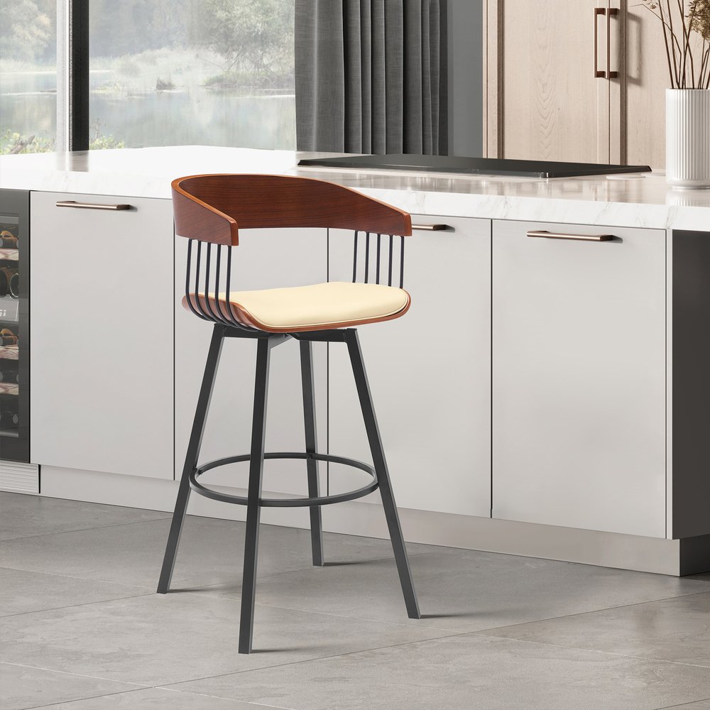 31" Cream And Black Faux Leather And Fabric And Metal Bar Height Swivel Bar Chair