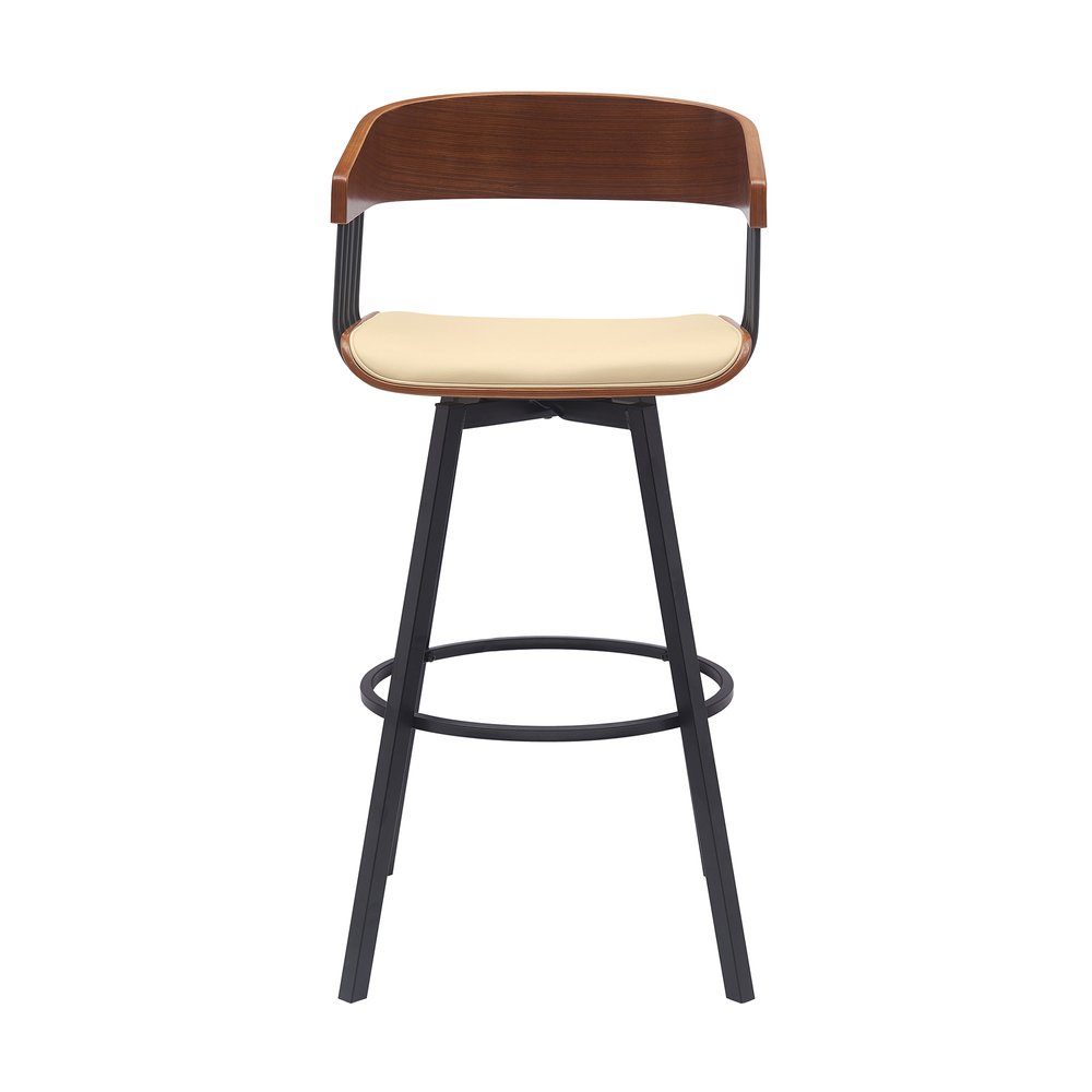 31" Cream And Black Faux Leather And Fabric And Metal Bar Height Swivel Bar Chair