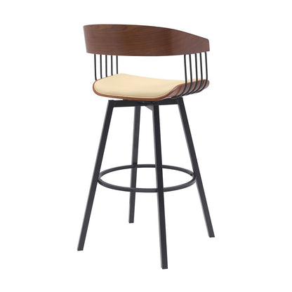 31" Cream And Black Faux Leather And Fabric And Metal Bar Height Swivel Bar Chair