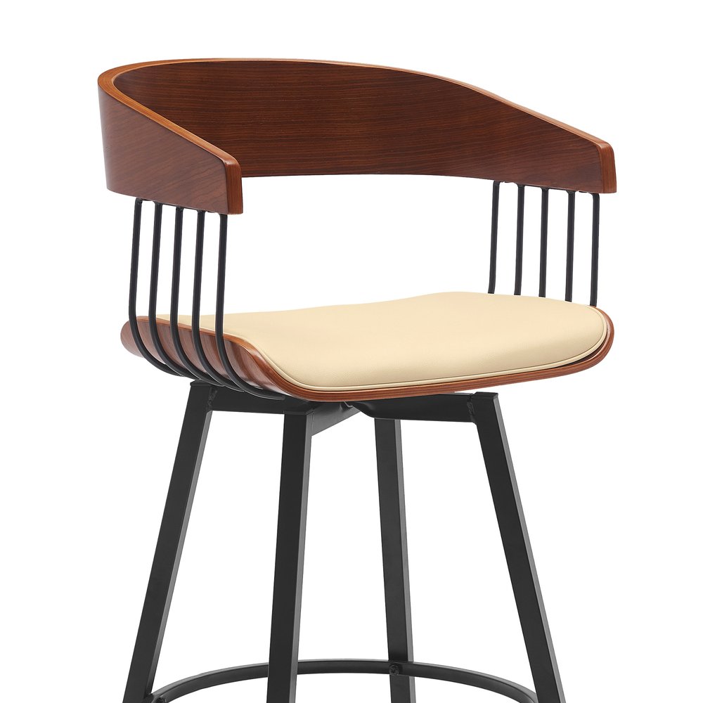 31" Cream And Black Faux Leather And Fabric And Metal Bar Height Swivel Bar Chair