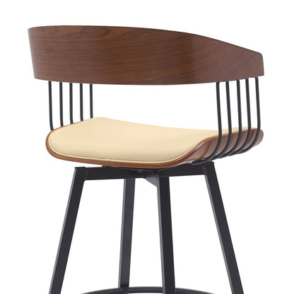 31" Cream And Black Faux Leather And Fabric And Metal Bar Height Swivel Bar Chair