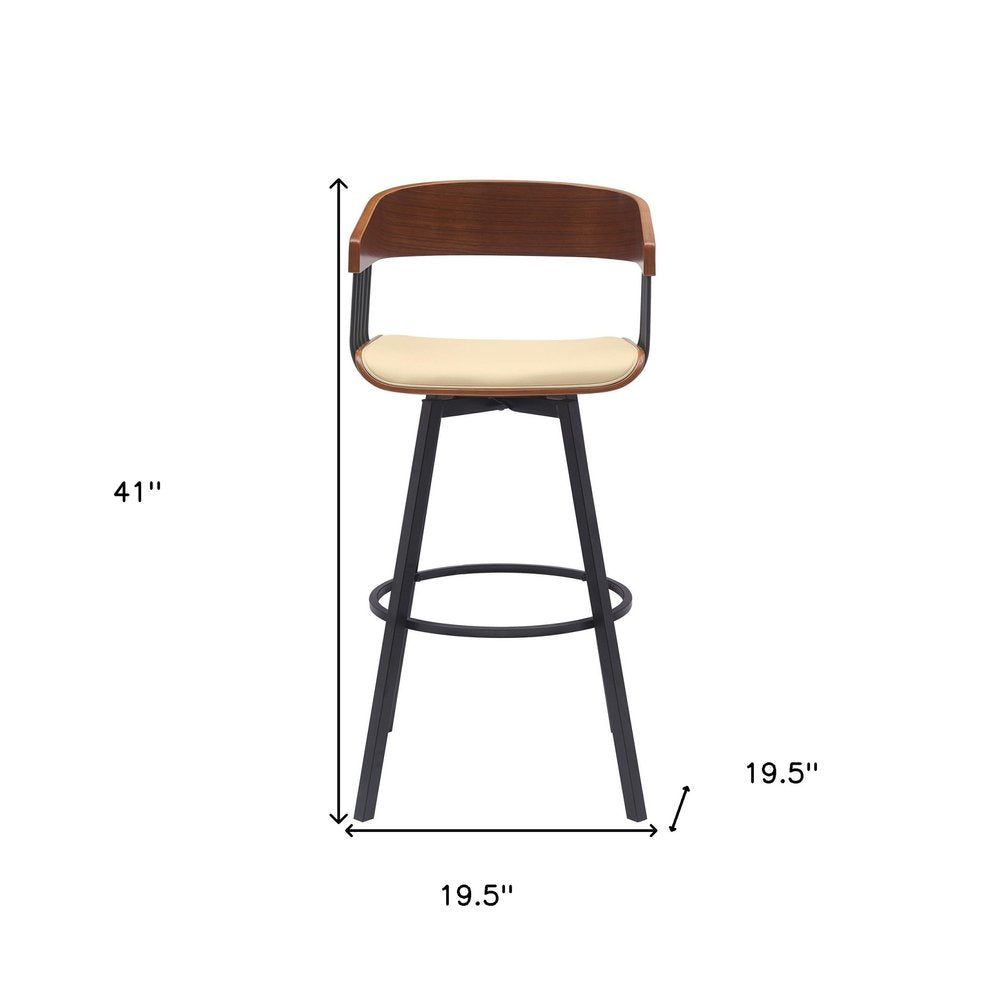 31" Cream And Black Faux Leather And Fabric And Metal Bar Height Swivel Bar Chair