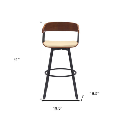 31" Cream And Black Faux Leather And Fabric And Metal Bar Height Swivel Bar Chair
