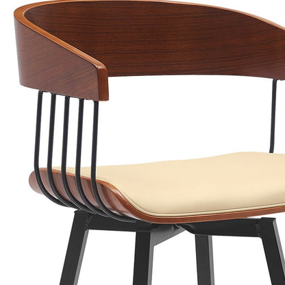 31" Cream And Black Faux Leather And Fabric And Metal Bar Height Swivel Bar Chair