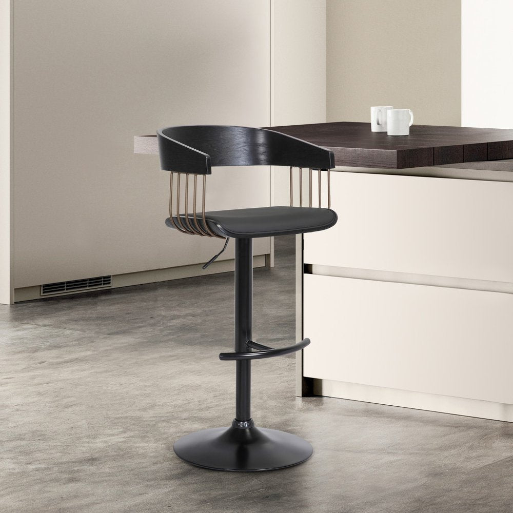 Black Faux Leather And Fabric And Metal Adjustable Height Swivel Bar Chair