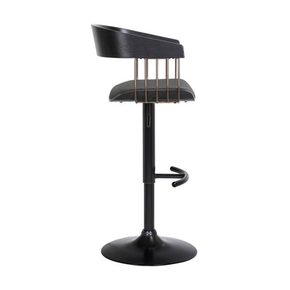 Black Faux Leather And Fabric And Metal Adjustable Height Swivel Bar Chair