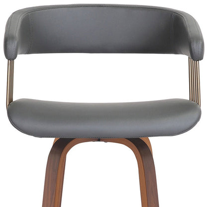 26" Gray And Brown Faux Leather And Fabric And Wood Counter Height Swivel Bar Chair