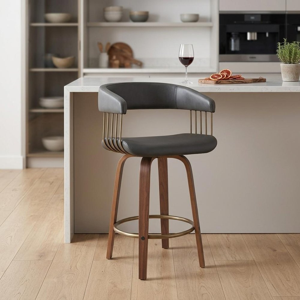 26" Gray And Brown Faux Leather And Fabric And Wood Counter Height Swivel Bar Chair