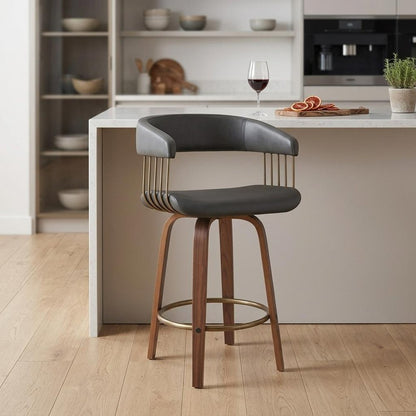 26" Gray And Brown Faux Leather And Fabric And Wood Counter Height Swivel Bar Chair