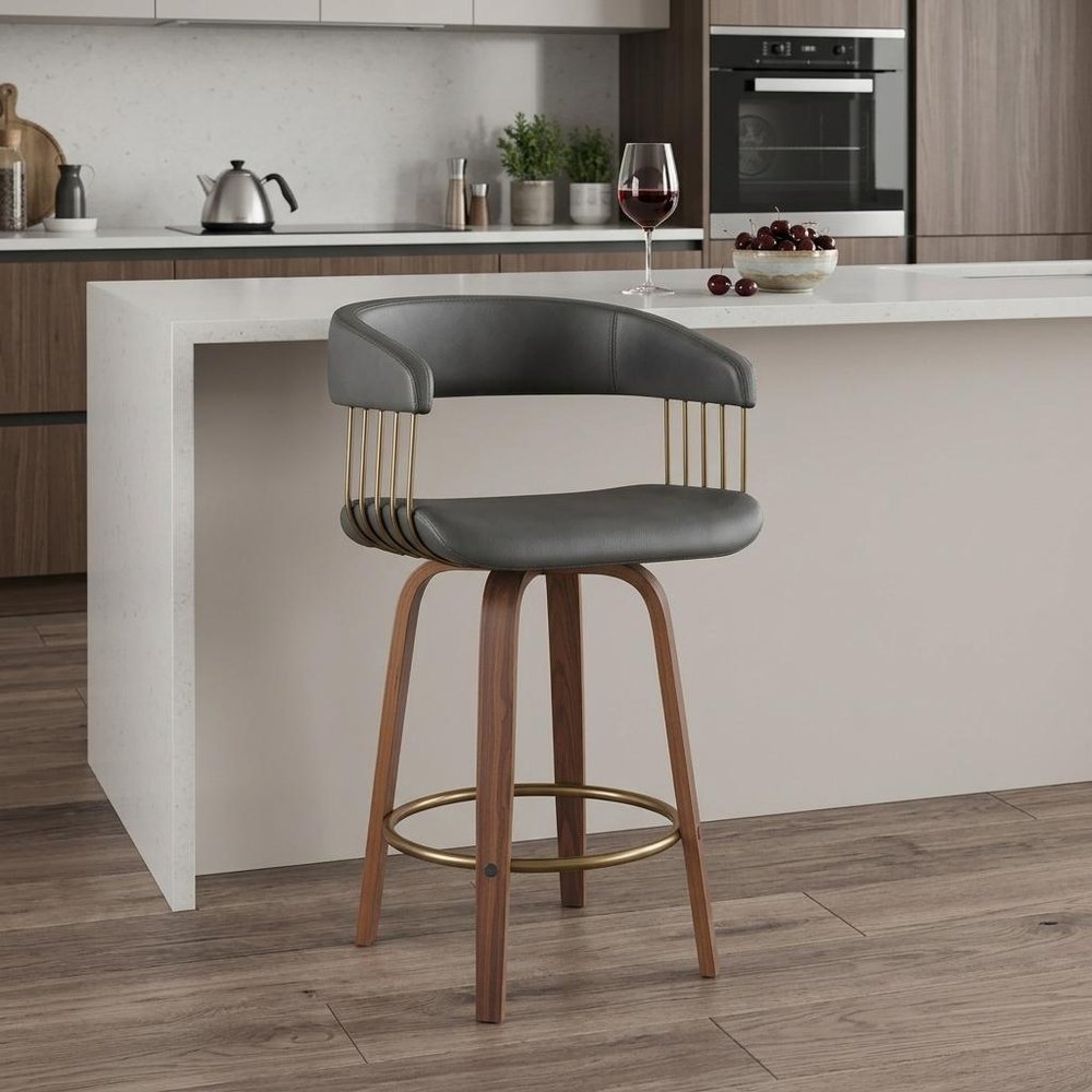 26" Gray And Brown Faux Leather And Fabric And Wood Counter Height Swivel Bar Chair