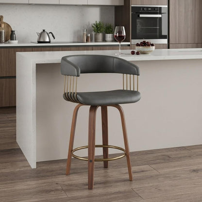 26" Gray And Brown Faux Leather And Fabric And Wood Counter Height Swivel Bar Chair