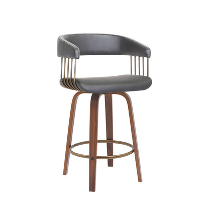 26" Gray And Brown Faux Leather And Fabric And Wood Counter Height Swivel Bar Chair