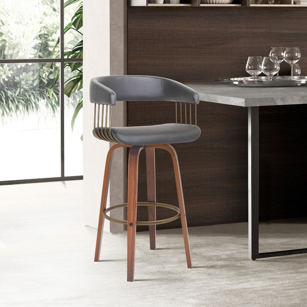 26" Gray And Brown Faux Leather And Fabric And Wood Counter Height Swivel Bar Chair