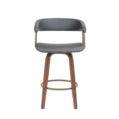 26" Gray And Brown Faux Leather And Fabric And Wood Counter Height Swivel Bar Chair