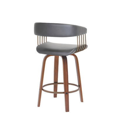 26" Gray And Brown Faux Leather And Fabric And Wood Counter Height Swivel Bar Chair