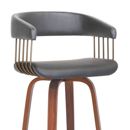 26" Gray And Brown Faux Leather And Fabric And Wood Counter Height Swivel Bar Chair