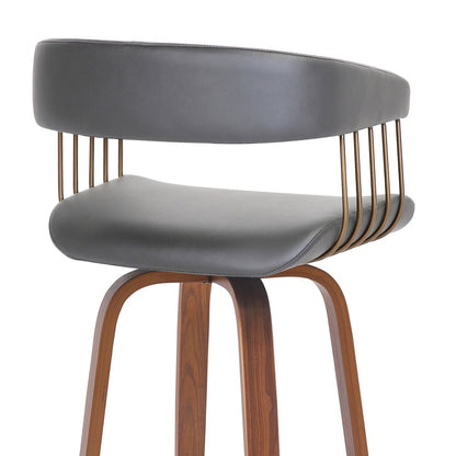 26" Gray And Brown Faux Leather And Fabric And Wood Counter Height Swivel Bar Chair