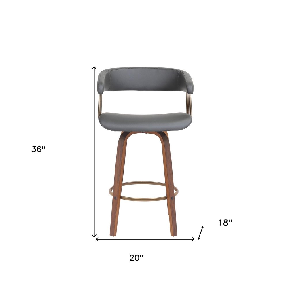 26" Gray And Brown Faux Leather And Fabric And Wood Counter Height Swivel Bar Chair